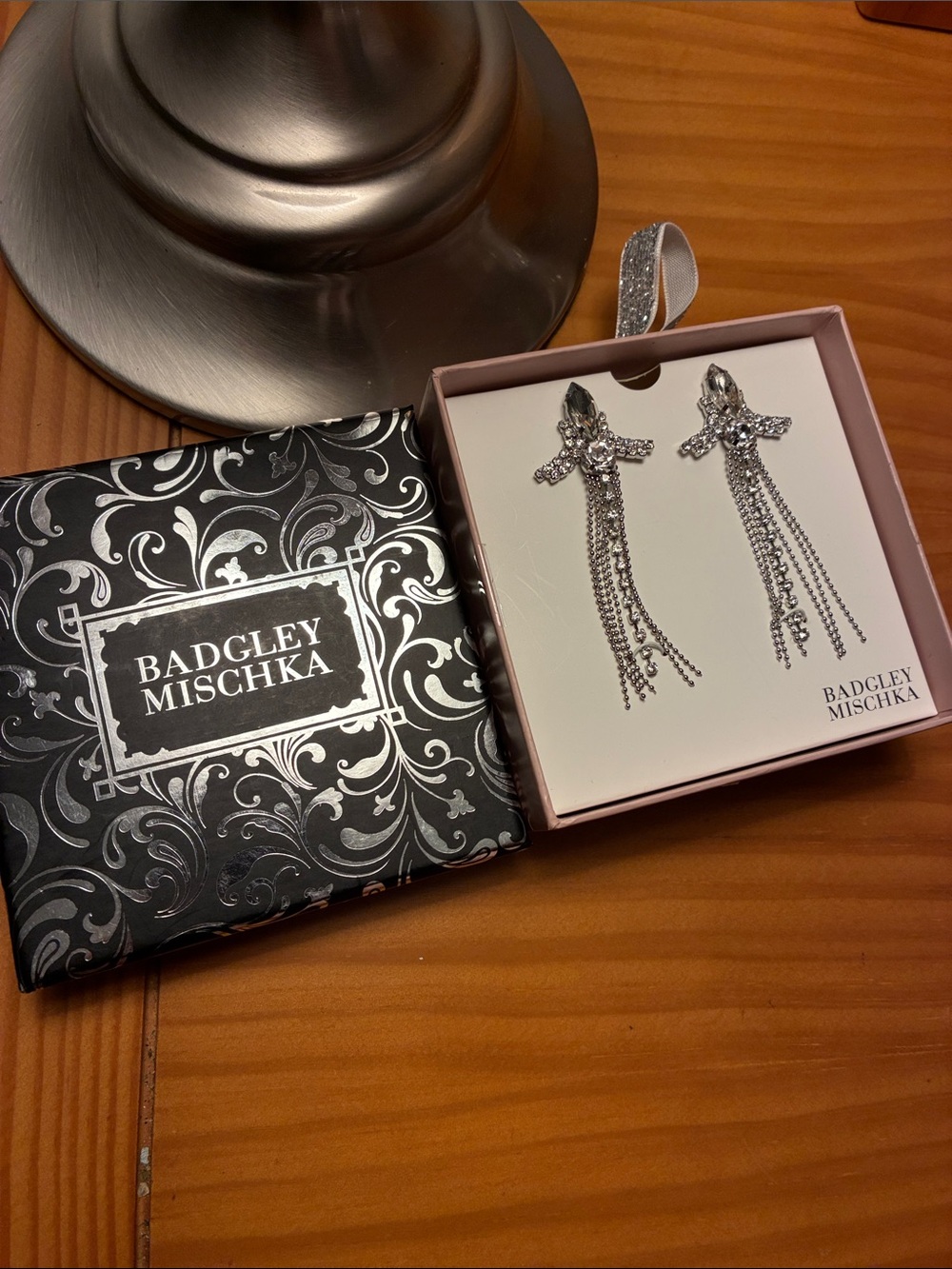Badgley Mischka Silver Crystal Chain Fringe Earrings